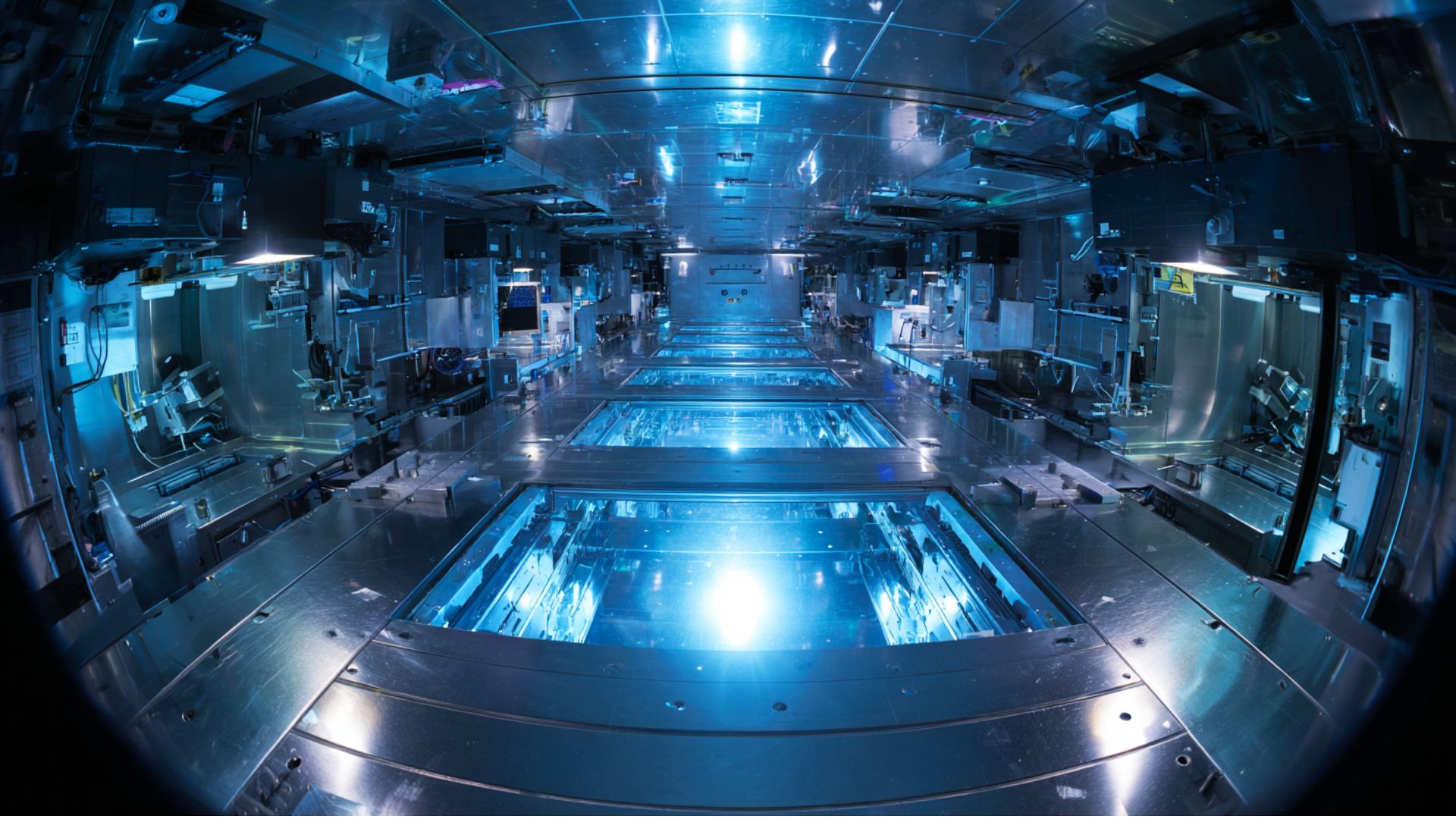 Simulated interior of an ASML extreme ultraviolet lithography machine showing polished mirrors, laser pathways, and precision optical arrays