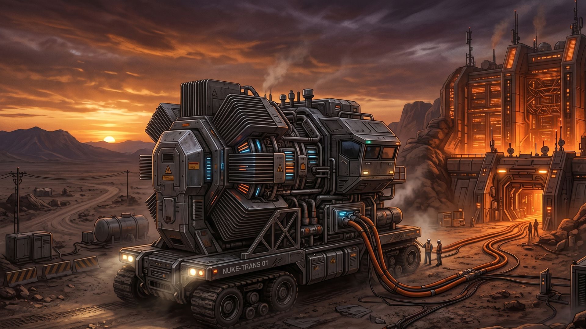 Concept render of a mobile nuclear microreactor on a heavy transport platform parked adjacent to a data center facility in a desert landscape
