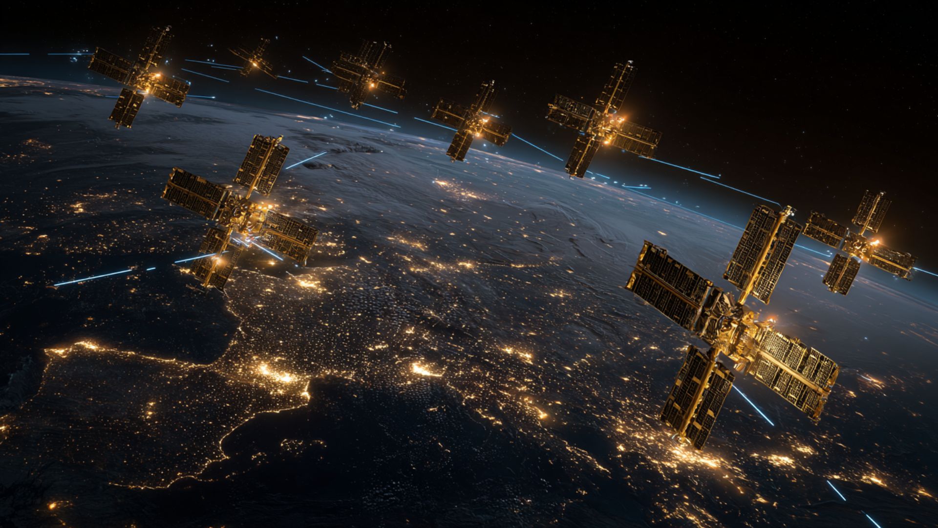 Constellation of orbital data center satellites in low Earth orbit with extended solar panel arrays, laser data links, and Earth visible below