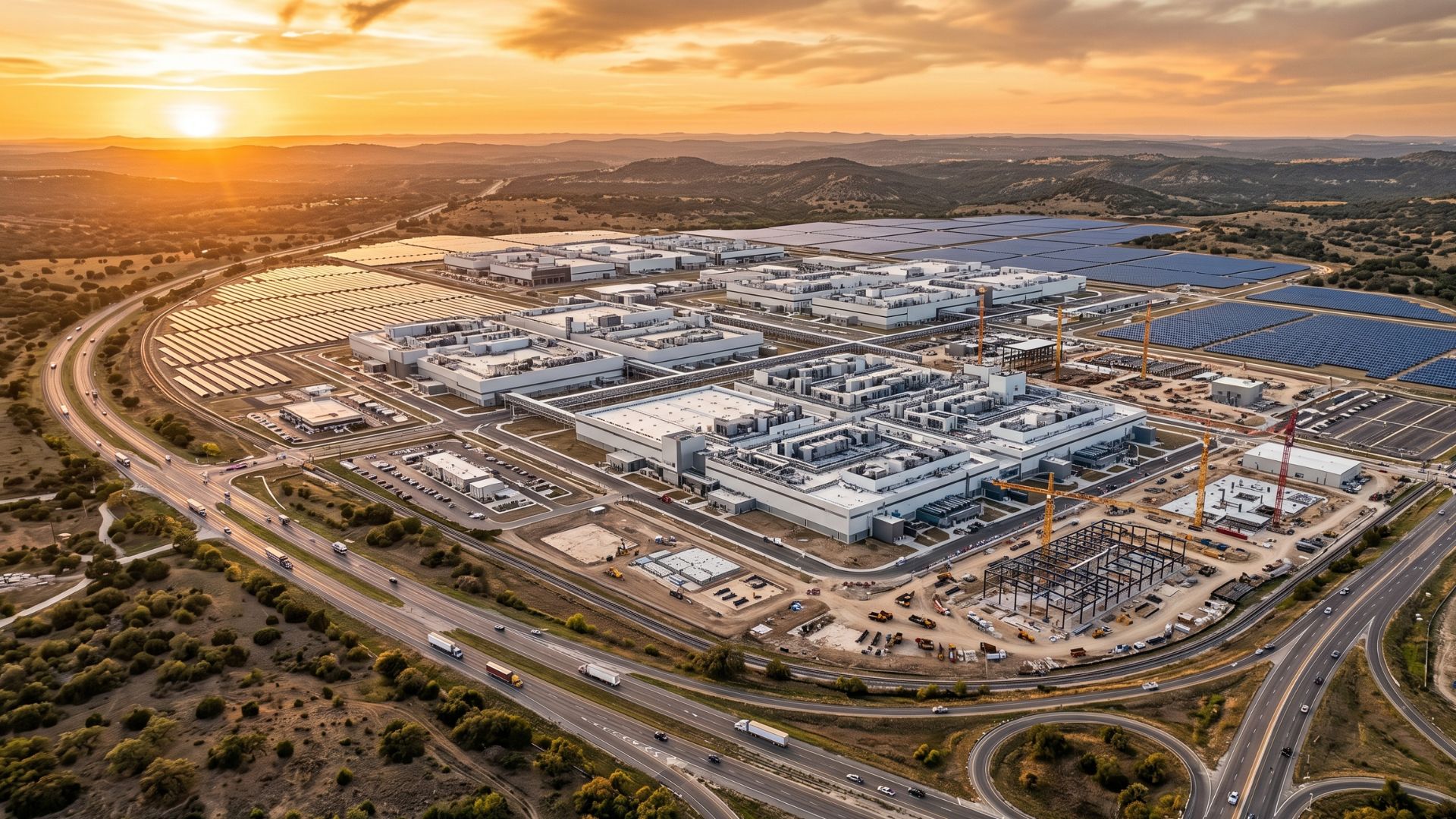 Aerial concept render of Terafab semiconductor fabrication campus at GigaTexas, Texas -- cleanroom buildings, solar arrays, and construction infrastructure at scale